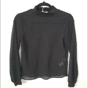 Zara Women's Polkadot Black Mock Neck Blouse Long Sleeve Top